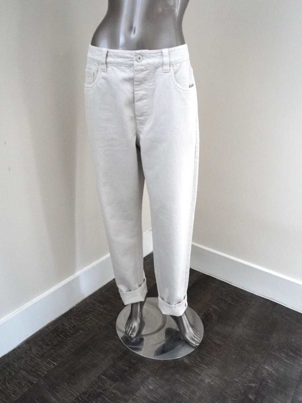 Brunello Cucinelli Monili Jeans Beige Metallic Denim Baggy Tapered Leg Size 8